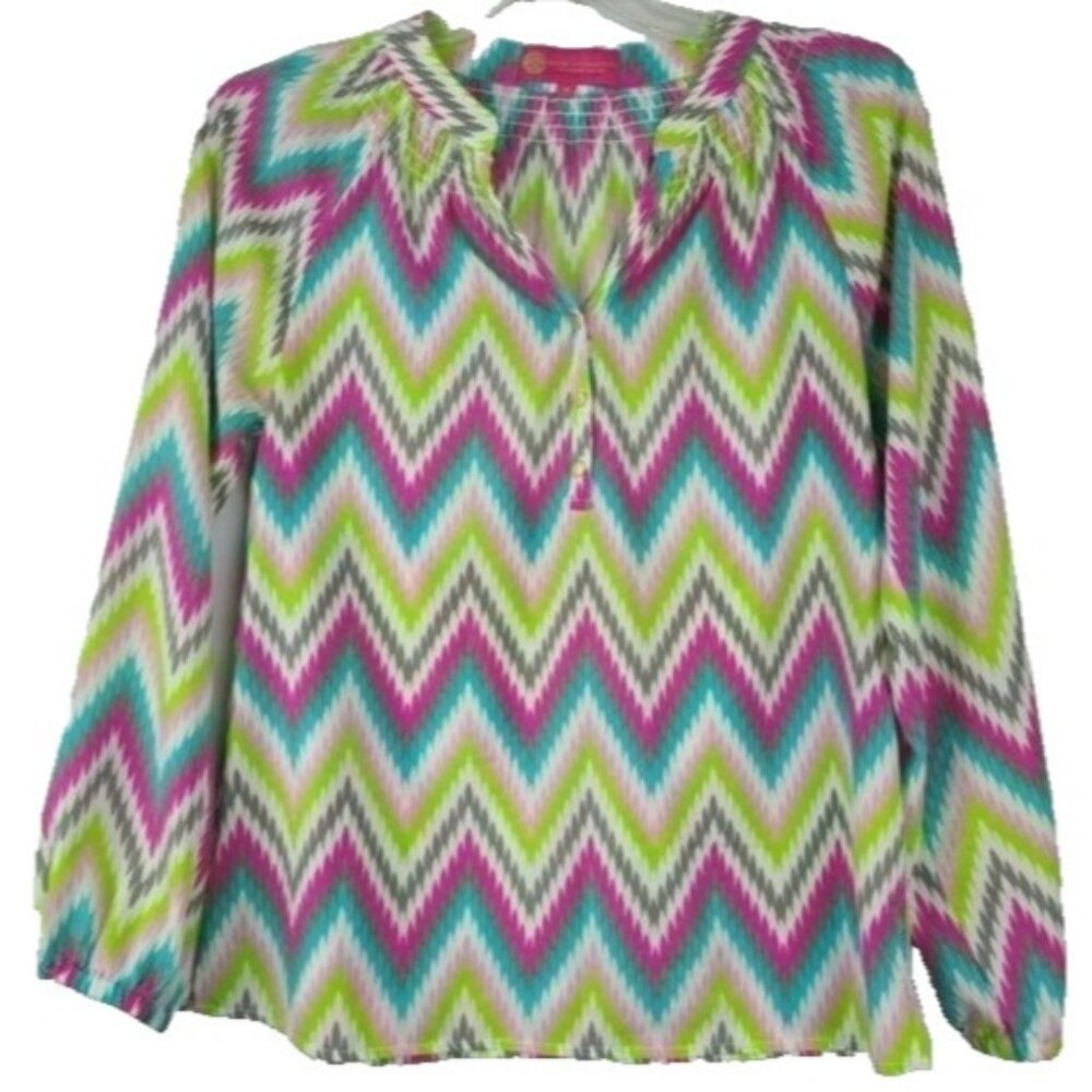 Macbeth Collection BOHO Top Womens Medium Pink Yellow Chevron Long Sleeve Office